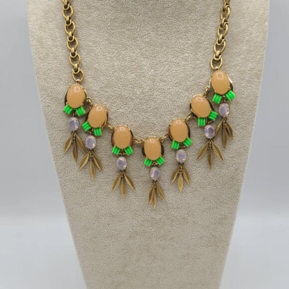 J Crew Peach Green Resin Gold Tone with Fringe Statement Necklace - Picture 5 of 10